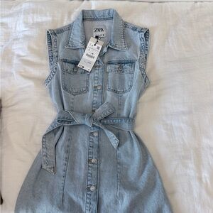 Zara Blue Sleeveless Notched Collar Mini Dress